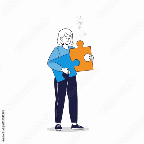 Confused young woman holding two large jigsaw puzzle pieces contemplates a difficult problem requiring a creative solution.