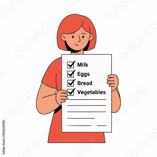 Woman displays a completed grocery checklist showing items like milk, eggs, bread, and vegetables have been successfully purchased.