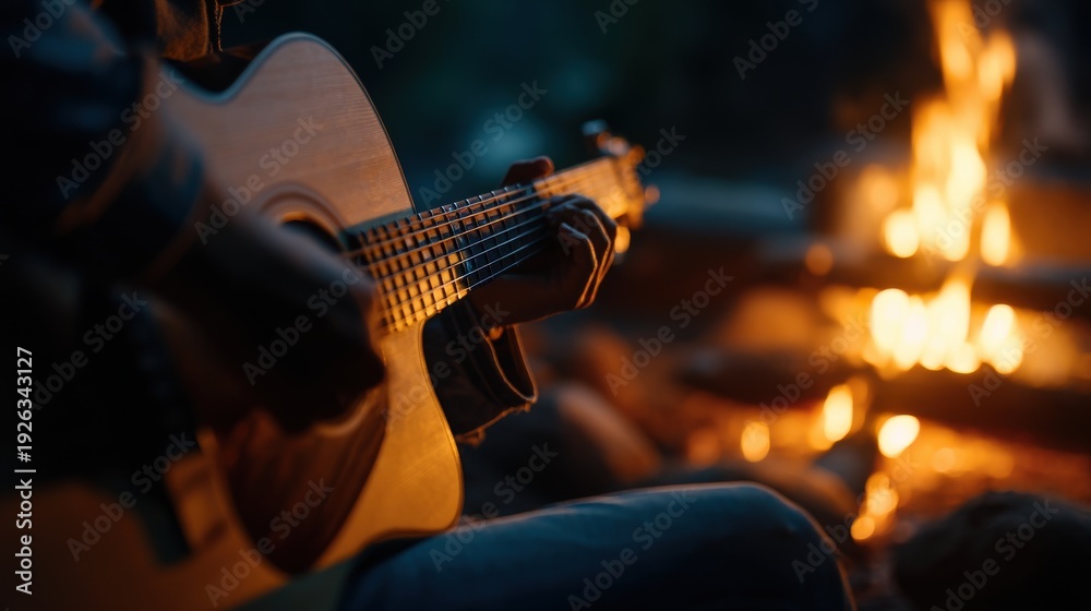 Fototapeta premium Playing Acoustic Guitar by Campfire at Night