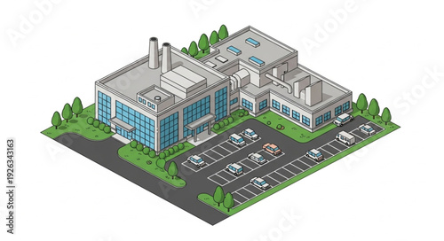 Modern Office Building with Parking Lot.