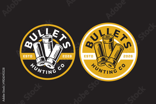 Shotgun shell bullets retro badge logo design for hunting sport club. Ammunition hunter vintage patch sticker pack for adventure. Shotgun shell crest rustic emblem element bundle for outdoor shooting