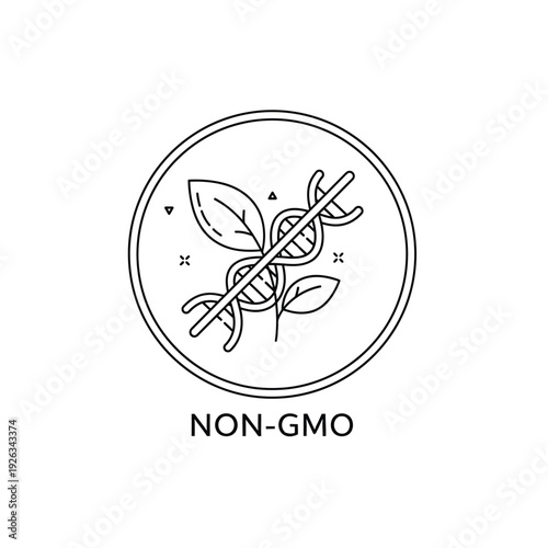 Minimalist non gmo round icon with linear dna strand and leaf for food branding