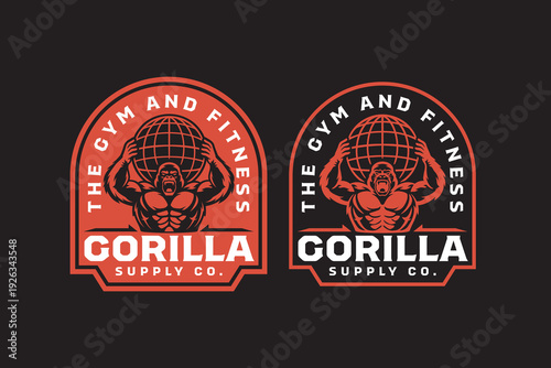 Gorilla lifting earth globe retro badge logo design for gym sport. Strong ape strength vintage patch sticker pack for fitness club. Powerful king kong with globe emblem element for strength training