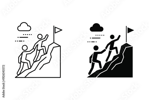 Team Climbing Mountain to Flag Icon Set for Success and Challenge
