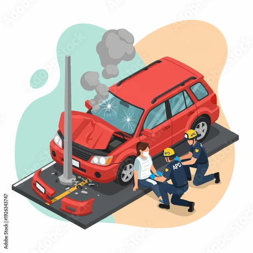 Firefighters rescuing a man from a crashed smoking red SUV.