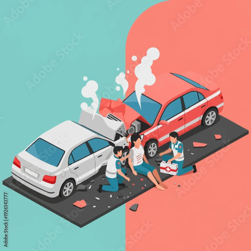 Car accident scene with people injured on the road.