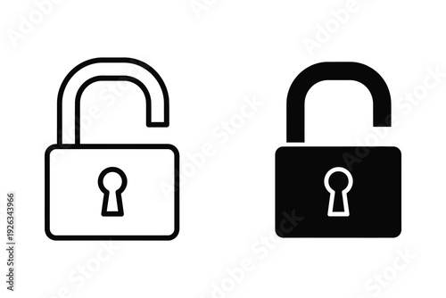 Unlocked padlock icon, security and access symbol in two styles