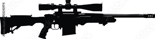Sniper Rifle Silhouette with Scope, Modern Tactical Firearm Weapon Vector Illustration Isolated on White Background for Military, Hunting and Defense Concept Design(25words)