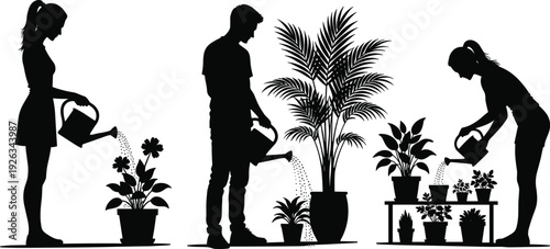 Silhouette of Young People Watering Indoor and Outdoor Potted Plants, Gardening Activity at Home, Urban Gardening Lifestyle, Plant Care Concept, Black Isolated Vector Illustration(25words)