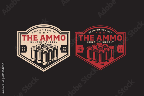 Shotgun shell ammo retro badge logo design for hunter club. Shooting ammunition supply vintage patch sticker pack for hunting sport. Hunting cartridge rustic emblem element bundle for adventure