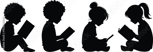Black vector silhouette set of diverse young children sitting on the floor reading books for literacy education library learning and childhood academic branding