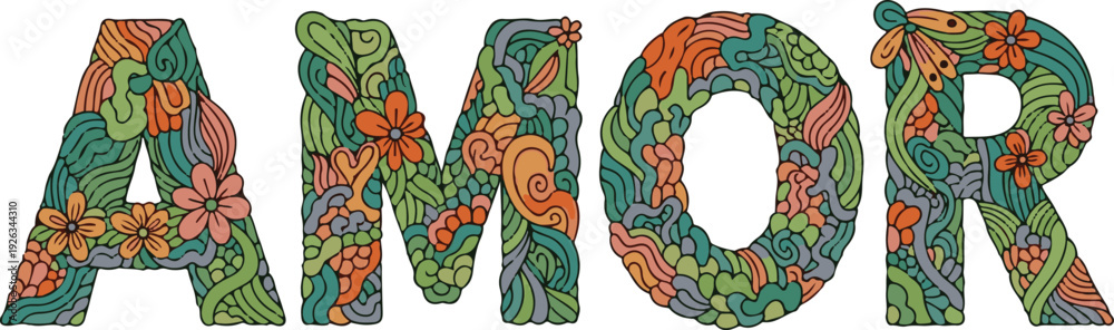 Fototapeta premium Colorful Love Typography - Detailed Floral AMOR Vector