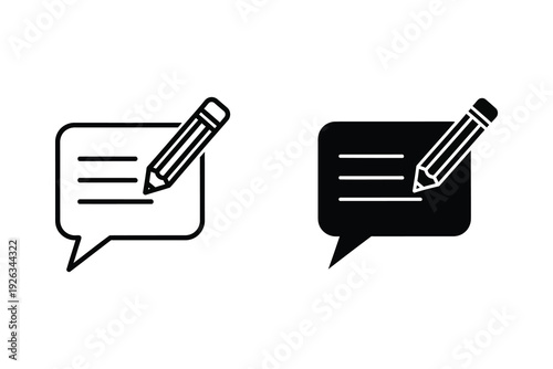 Speech Bubble and Pencil Icons: Communication and Writing Symbols in Outline and Solid