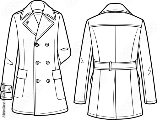 Flat vector CAD drawing of classic double-breasted trench coat with notched collar, pockets, belt detail, and long sleeves design