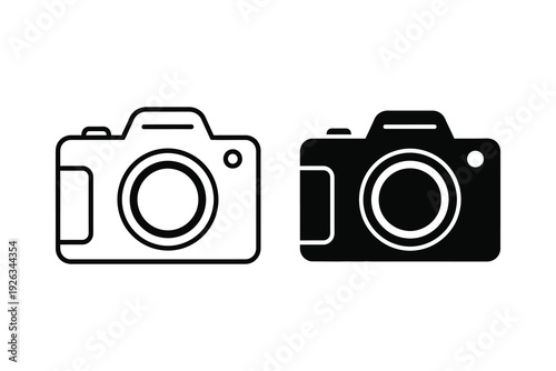 Camera Icon Set: Outline and Solid Black Vector for Photography