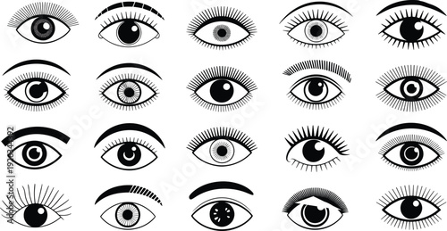 Black white eye icons set vector illustration, different eyelash eyebrow iris pupil styles collection