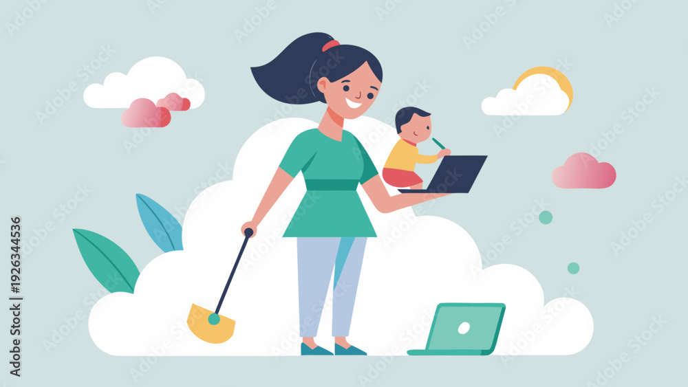 Fototapeta premium Woman balancing childcare and housework while working from home holding baby and cleaning floor emotional labor concept flat vector illustration