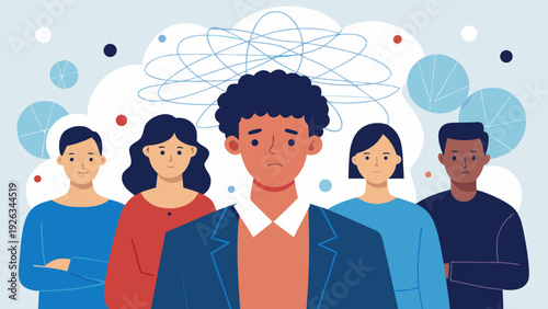 Diverse group of people with confused man and tangled thoughts above head emotional stress and mental overload concept flat vector illustration