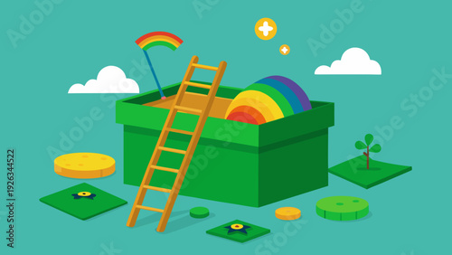 Green box leprechaun trap with ladder rainbow and gold coins saint patricks day craft flat vector illustration