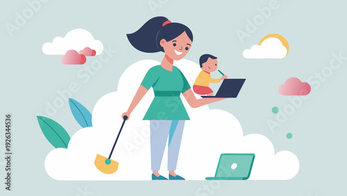 Woman balancing childcare and housework while working from home holding baby and cleaning floor emotional labor concept flat vector illustration
