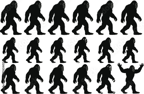 Black vector silhouette set of eighteen mysterious Bigfoot creatures in various walking and standing poses for mountain forest mystery and cryptozoology urban legend branding(25words)