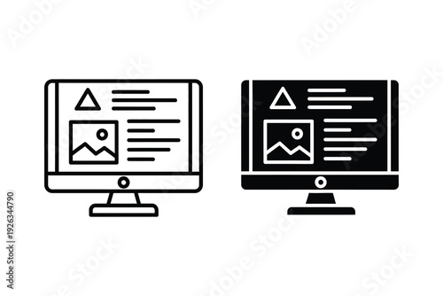 Computer Screen Icon Set: Web Page Layout in Outline and Silhouette Vector