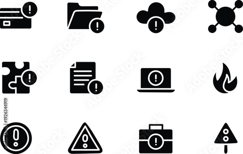 Cybersecurity and Data Protection Icon Set with Firewall, Cloud Security, Malware Alert, Network Warning and Digital Privacy Symbols Vector Illustration