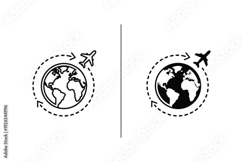 Airplane Travel Around the World Icon Set: Simple Black and White Vector Graphics