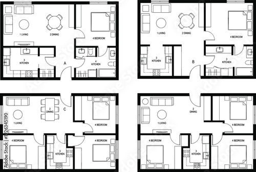 Apartment floor plan layout set, modern house blueprint interior design with living dining kitchen bedroom top view