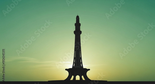 Minar e pakistan monument silhouette at sunset with greenish yellow gradient sky background