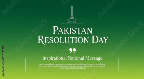 Pakistan resolution day inspirational national message with green gradient background and monument