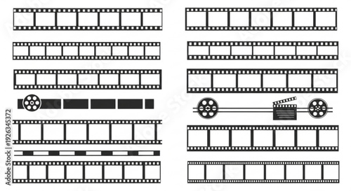 Film strips and film reels in various configurations black and white illustration cinematic elements creative media production