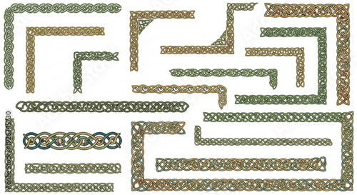 Glowing neon maze patterns with gold and green lines on white background for design and decoration