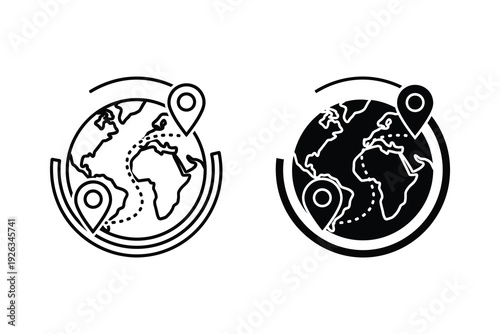 World Map and Location Pins Icon Set: Global Travel and Navigation