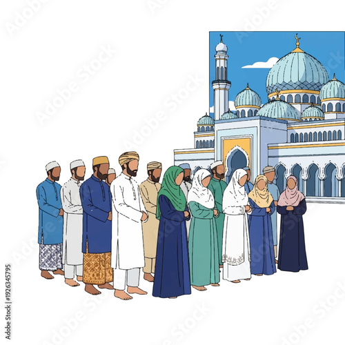 Illustration of a Muslim woman and a boy in traditional attire embracing warmly in a decorated doorway with hanging lanterns and stars.