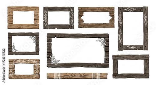 Collection of rustic wooden picture frames in various shapes and sizes on white background for photo display
