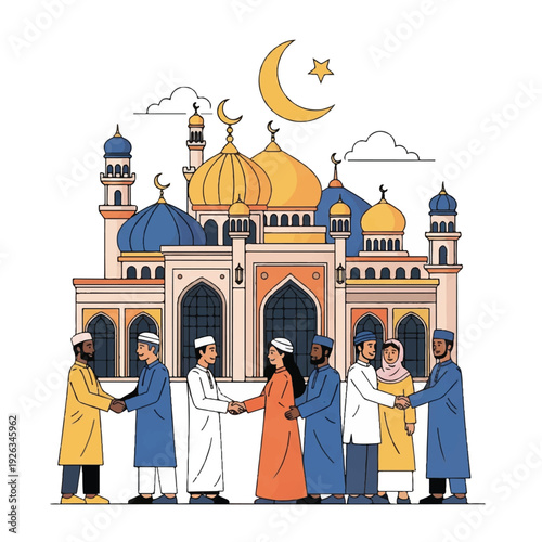 Illustration of diverse people greeting in front of a mosque with blue and gold domes under a crescent moon and star on a white background with a mix of warm and calm tones.