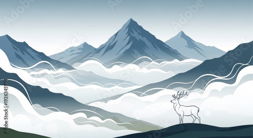 Mountain Landscape with Horse Illustration.