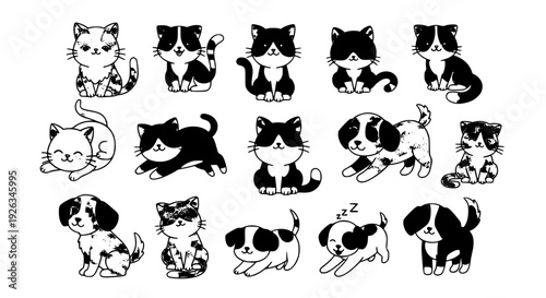 Cute Cartoon Cats and Dogs Vector Collection in Playful Poses Isolated on White Background