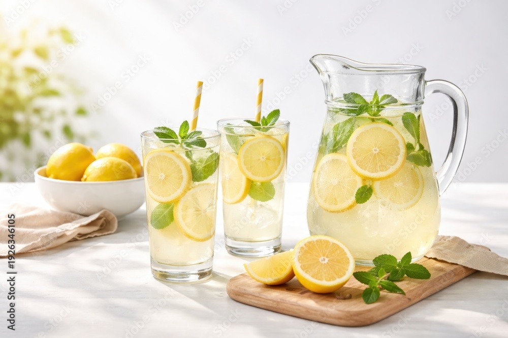Fototapeta premium Refreshing homemade lemonade with lemon slices mint and ice in glass and pitcher on sunny table for summer drink
