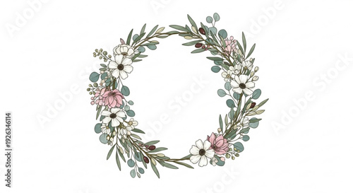 Floral wreath with pink and white flowers green leaves on white background elegant decoration for weddings and celebrations