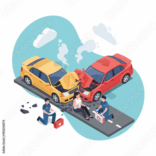 Car Accident Scene with Damaged Vehicles and People Assessing Damage.