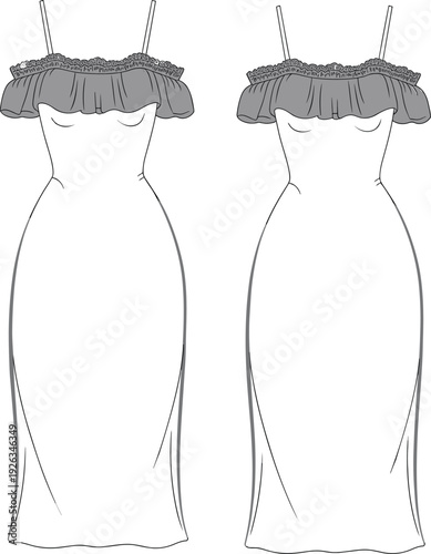 Flat vector CAD drawing of elegant off-shoulder dress with ruffle neckline and spaghetti straps, front and back fashion sketch