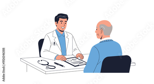 A male doctor in a white lab coat consults with an elderly male patient across a desk with medical documents and a stethoscope.
