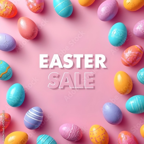 Modern Easter sale banner with colorful eggs and 3D elements on pastel gradient background for marketing promotion