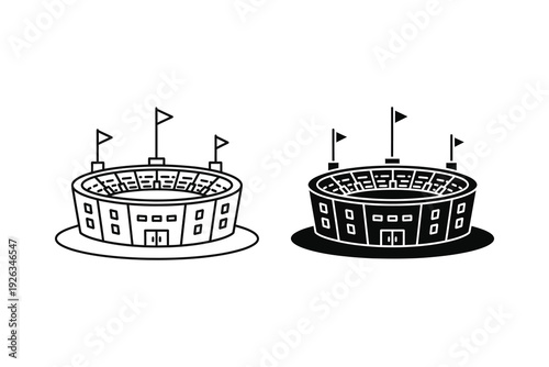 Stadium Icon with Flags: Outline and Solid Vector Representation