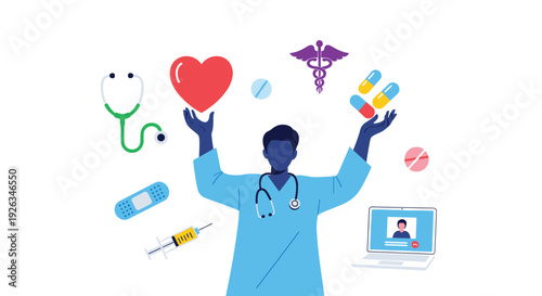 A doctor in blue scrubs stands with raised arms, surrounded by floating medical symbols and equipment on a white background.