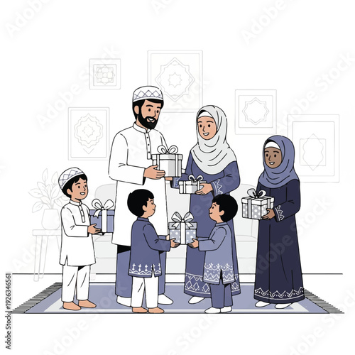 Illustration of a Muslim family exchanging gifts in a traditional setting with a subtle patterned background.