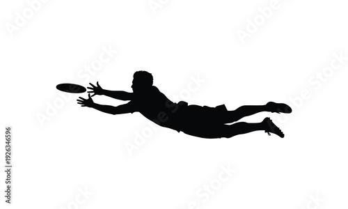 Dynamic silhouette of a male ultimate frisbee player diving to catch disk