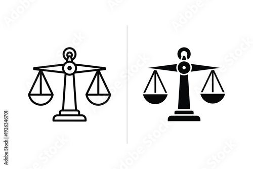 Scales of Justice Icon Set: Balance Symbol in Outline and Solid Styles